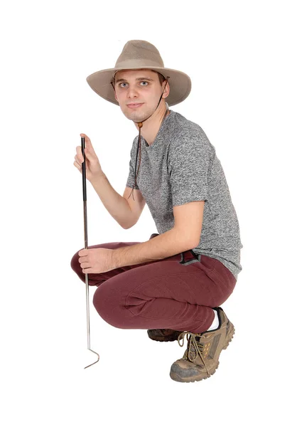 Smal Ung Man Grå Tröja Med Safari Hatt Och Ett — Stockfoto