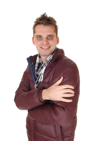 Close Image Smiling Young Man Burgundy Jacket Scarf Blue Eyes — Stock Photo, Image
