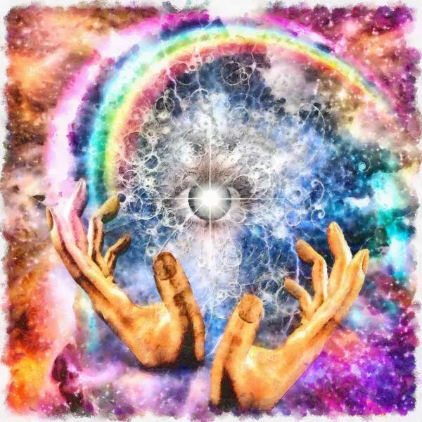 Renkli Ruhani Resim Tanrı Nın Gözleri Elleri — Stok fotoğraf