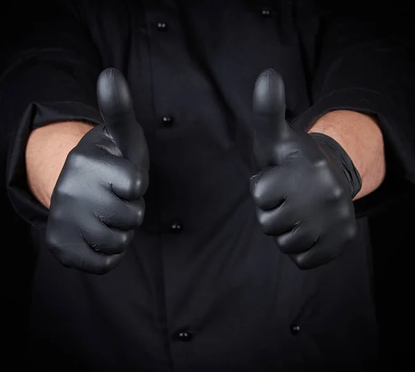Mão Chef Masculino Luvas Látex Preto Uniforme Preto Mostra Gesto — Fotografia de Stock