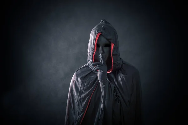 Scary Figure Black Mask Hooded Cloak — Stock Photo, Image