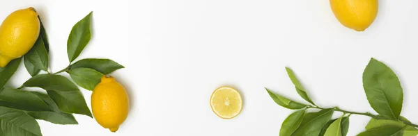 Some Fresh Juicy Yellow Lemons Green Twigs Lie White Background — Stock Photo, Image