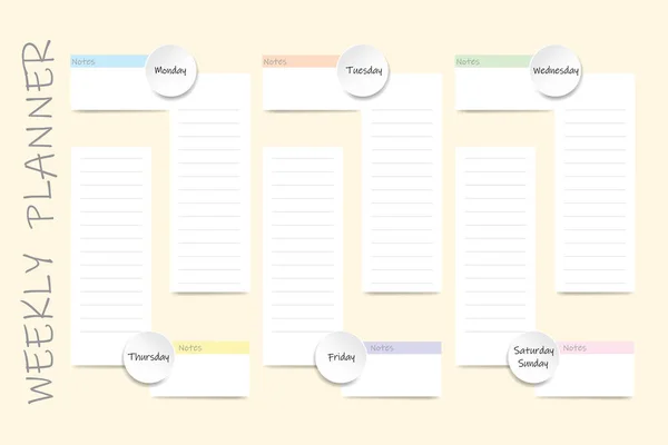 每周计划者 每天的任务都贴上空白标签 每周的每一天都贴上不同颜色的空白白色标签 准备好你的文本 — 图库照片