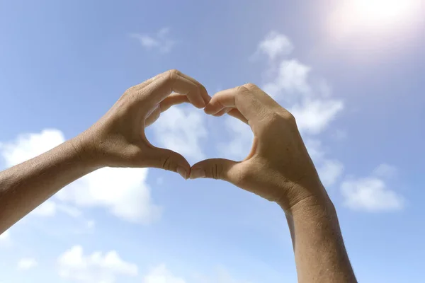 Female Hands Front Blue Sunny Sky Vacation Background Stock Image