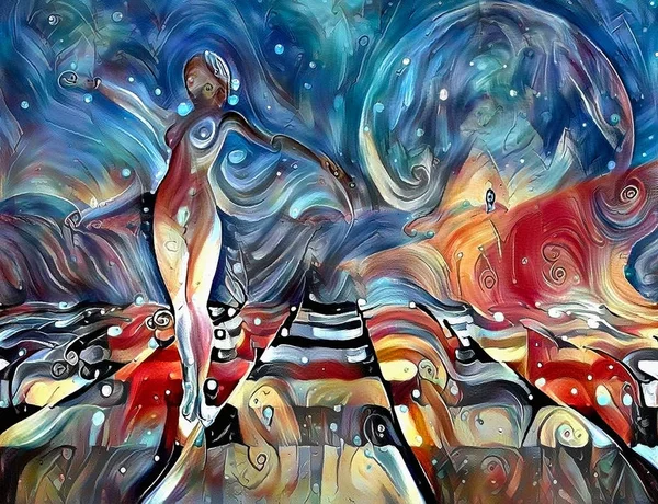 Colorful Abstract Painting Graceful Woman Statue Chessboard — Stock Photo, Image
