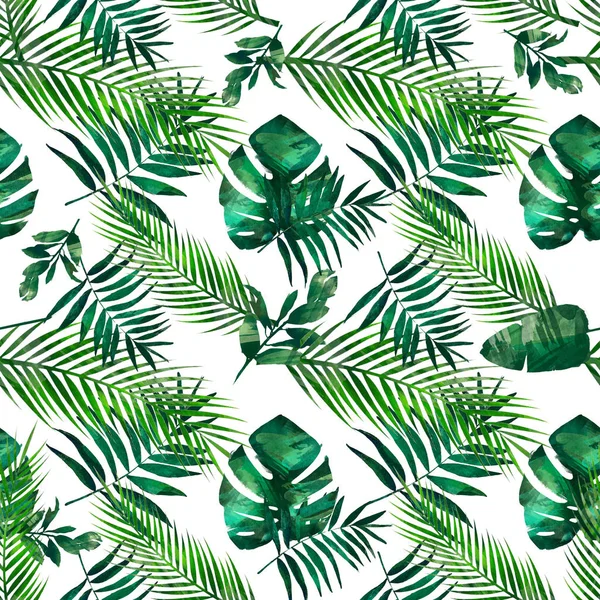 Watercolor Seamless Tropical Pattern Texture Tropical Leaves Flowers Golden Plants — Stock Photo, Image