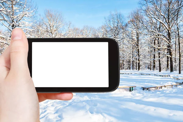 Reisekonzept Touristenfotos Des Erholungsgebiets Stadtpark Winter Der Stadt Moskau Auf — Stockfoto