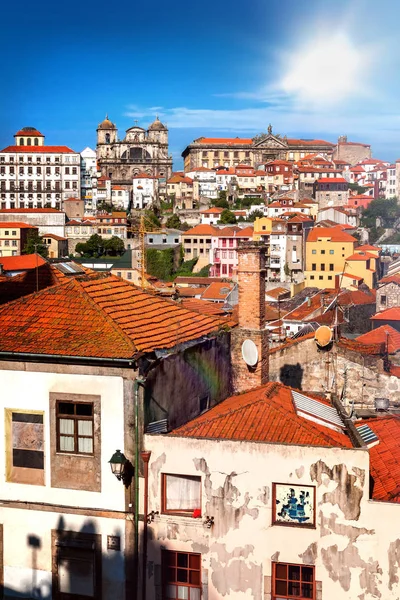 Blick Auf Die Altstadt Ribeira Von Porto Mit Sonne Und — Stockfoto