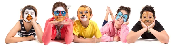 Grupo Niños Con Pintura Facial Animal Aislada Blanco — Foto de Stock
