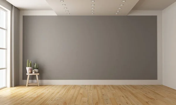 Empty Minimalist Room Gray Wall Background Plant Wooden Stool Rendering — Stock Photo, Image