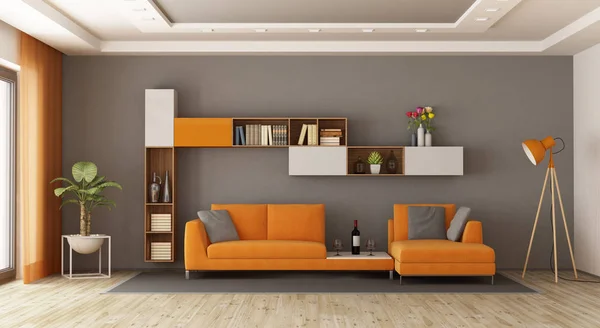 Sala Estar Gris Naranja Con Sofá Librería Renderizado — Foto de Stock