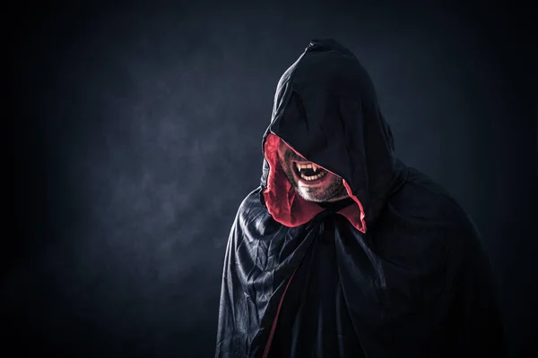 Angry Vampire Red Cape Showing His Scary Teeth — Stock Photo, Image