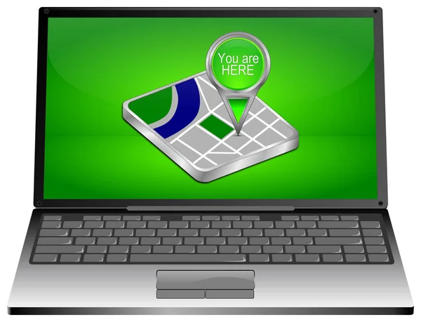 Laptopcomputer Met Groen Bent Hier Kaart Aanwijzer Groene Desktop Illustratie — Stockfoto