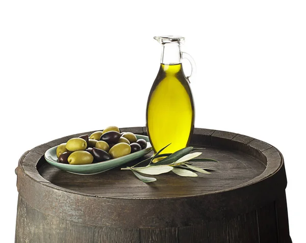 Bottiglia Olio Extravergine Oliva Sano Con Botte Fondo Bianco — Foto Stock