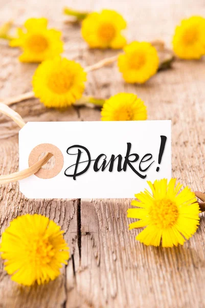 Label Met Duitse Kalligrafie Danke Middelen Dank Paardebloem Blossom Houten — Stockfoto