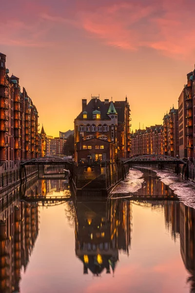 Die Alte Speicherstadt Hamburg Deutschland Bei Untergang — Stockfoto