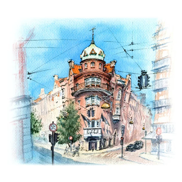 Akvarell Vázlat Fairytail Dán Ház Régi Város Koppenhága Dánia Egy — Stock Fotó