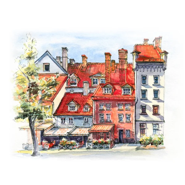 拉脱维亚里加老城利武广场上有趣的明亮老式房屋水彩素描 — 图库照片