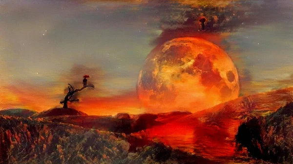Ζωηρή Αφηρημένη Ζωγραφική Κόκκινο Φεγγάρι Στον Ορίζοντα — Φωτογραφία Αρχείου