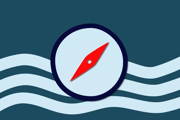 Плоскі Сині Хвилі Морська Вітальна Листівка Компасом Червона Стрілка Концепція — стокове фото