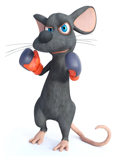 ボクシング グローブを身に着けているかわいい漫画のマウスの レンダリングします 彼は怒っている 戦う準備ができて見えます 白背景 — ストック写真