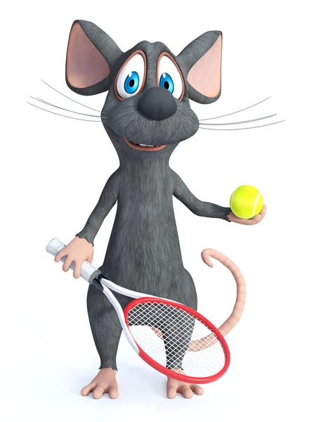 Representación Lindo Ratón Dibujos Animados Sonriente Sosteniendo Una Raqueta Tenis —  Fotos de Stock