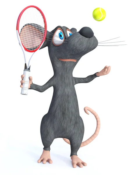 Representación Lindo Ratón Dibujos Animados Sonriente Sosteniendo Una Raqueta Tenis —  Fotos de Stock