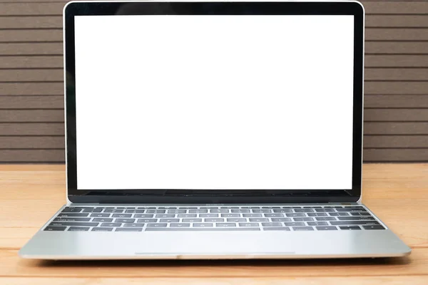 Çalışma Tablosu Laptop Mockup Ahşap Arka Plan Üzerinde Dizüstü Önden — Stok fotoğraf
