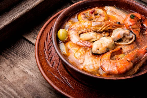 Sopa Mariscos Con Gambas Mejillones Pescado — Foto de Stock