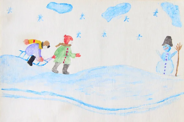 Красочные Рисунки Детей Катаются Санках Снежном Холме Снеговике Рисунок Детей — стоковое фото