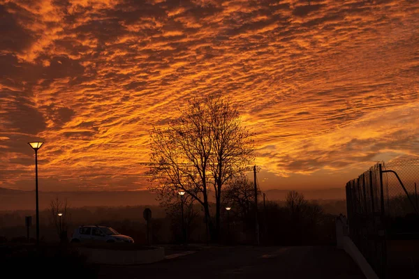 Magnifique Coucher Soleil Campagne Avec Ciel Orange — Photo