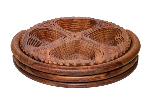 Wooden Bowls Closeup Handmade Hinged Wooden Bowl Fruits Vegetables Nuts — Stock Photo, Image