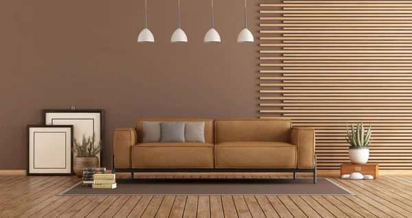 Modern Living Room Leather Sofa Wooden Paneling Brown Wall Rendering — стоковое фото