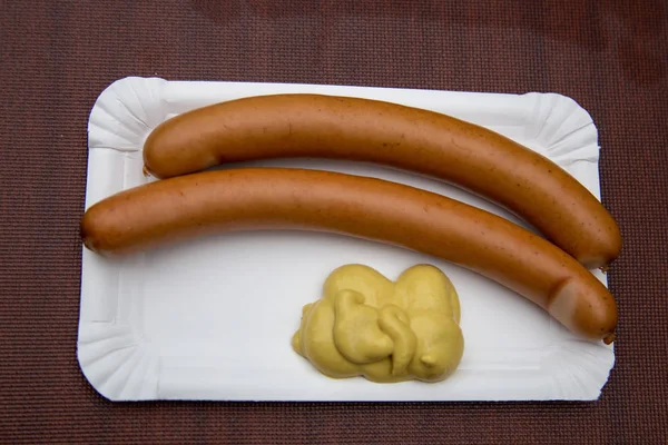 Two Viennese Sausages Mustard Paper Plate — Stock Photo, Image