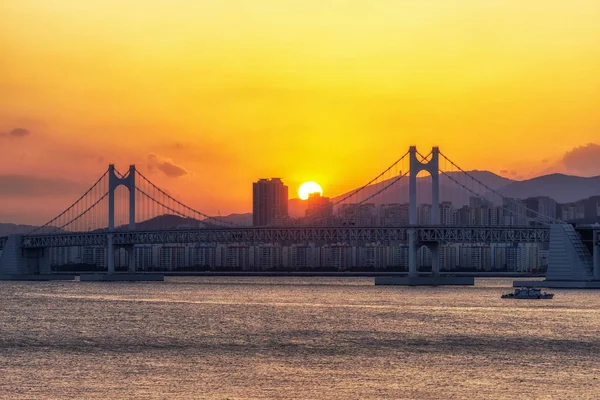 Vista Del Tramonto Sul Ponte Busan Gwangandaegyo Famoso Ponte Busan — Foto Stock