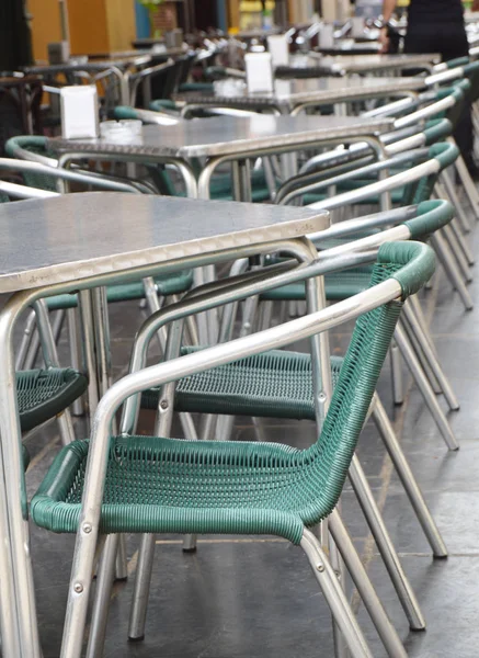 Aberto Café Rua Vazio Mesas Cadeiras Com Estrutura Metálica Móveis — Fotografia de Stock