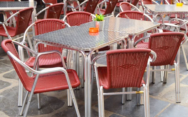 Open Empty Street Cafe Tables Chairs Metal Frame Wicker Furniture — Stock Photo, Image