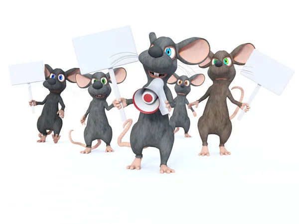 3D rendering of cute cartoon mice holding blank signs and looking upset while marching and protesting. Maybe they are on a strike. White background.