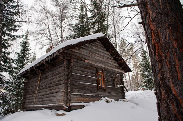 Zabytkowy Drewniany Stodoła Dom Zimowym Lesie Retro Budynek Początku Wieku — Zdjęcie stockowe