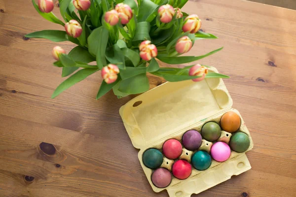 Colorful Easter Eggs Box Table Easter Decoration April — Stock Photo, Image