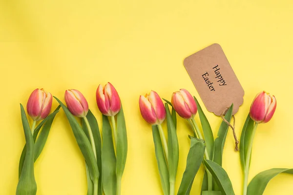 Idea Primaverile Tulipani Con Sfondo Giallo Spazio Testo Concetto Pasqua — Foto Stock