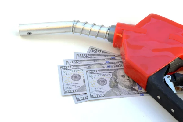 Экономическая Концепция Американских Долларов Красным Газовым Соплом Повышения Стоимости Перекачки — стоковое фото