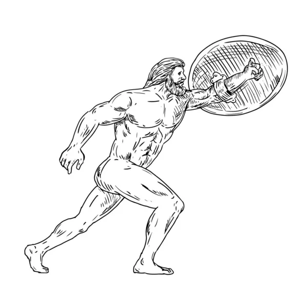 画素描风格的插图赫拉克勒斯 希腊神圣的英雄相当于罗马英雄和神 大力神与盾牌和紧急前进做在黑色和白色 — 图库照片