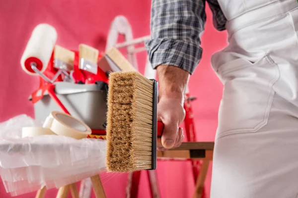 Caucasian House Painter Worker White Work Overalls Holds Brush Paint — Stock Photo, Image