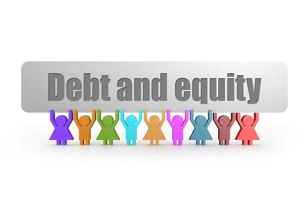Dívida Palavra Equidade Banner Segurar Por Grupo Fantoches Renderização — Fotografia de Stock