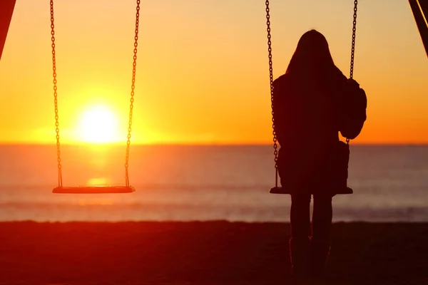 Back View Portrait Single Woman Silhouette Sitting Swing Contemplating Sunset — Stock Photo, Image