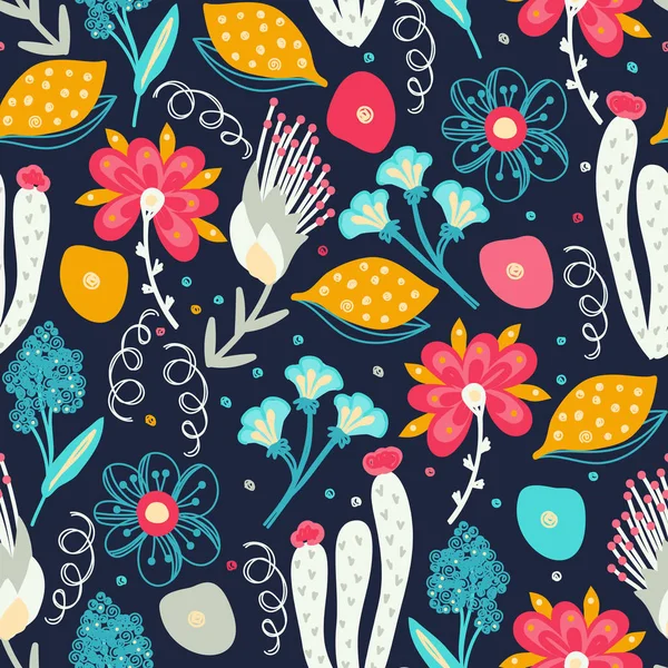 Sömlös Blommönster Hand Dras Kreativa Blommor Färgglada Konstnärliga Bakgrund Med — Stockfoto