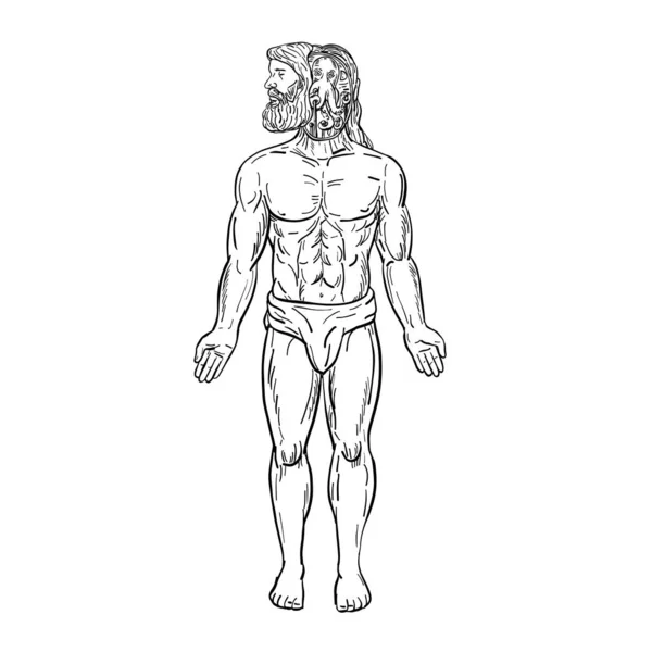 画素描样式例证一个男性胡须的人与一个类似外星人的章鱼在他的头 操纵他的身体伪装地从前面在孤立的白色背景在黑色和白色 — 图库照片