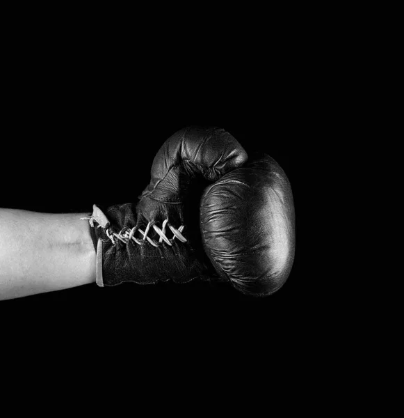 Very Old Boxing Glove Dressed Man Hand Black Background Black — Stock Photo, Image