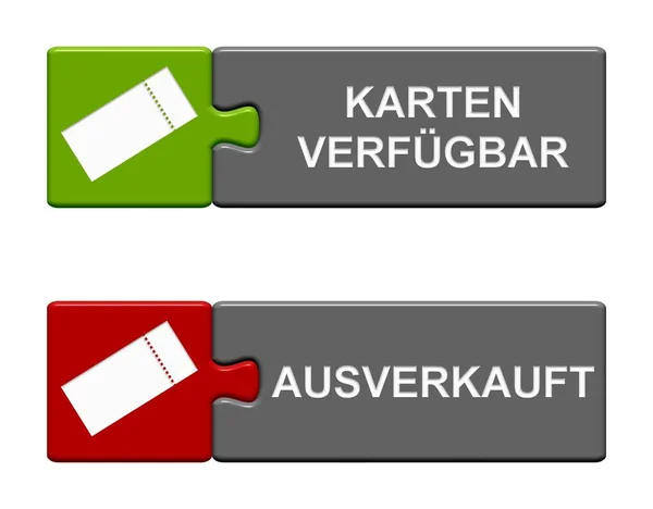 Два Ізольованих Puzzle Buttons Символами Ticket Показують Квитки Доступні Продані — стокове фото